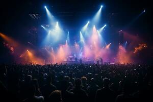 ai génératif bondé concert étape paysage avec projecteurs et coloré lumières réaliste image, ultra HD photo