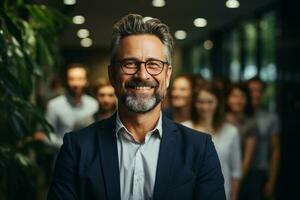 ai génératif groupe de content affaires homme et affaires femmes, habillé dans costume sont souriant, dans le Bureau photo