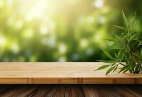 ai génératif en bois table sur bambou plante Contexte réaliste image ultra HD haute conception très détaillé photo