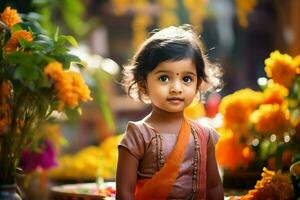 une mignonne peu Indien permanent dans de face de fleurs ai généré photo