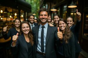 ai génératif groupe de content affaires homme et affaires femmes, habillé dans costume sont souriant, dans le Bureau photo