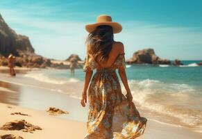 ai génératif Jeune touristique femme dans été robe et chapeau permanent sur magnifique sablonneux plage. mignonne fille profiter photo