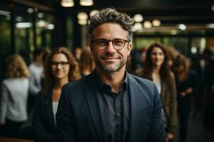 ai génératif groupe de content affaires homme et affaires femmes, habillé dans costume sont souriant, dans le Bureau photo