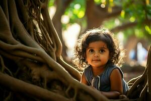 une Jeune Indien fille séance en dessous de une banian arbre avec gros les racines ai généré photo