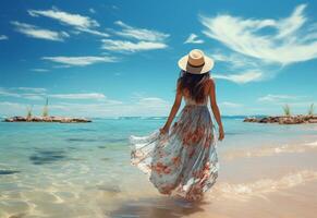 ai génératif Jeune touristique femme dans été robe et chapeau permanent sur magnifique sablonneux plage. mignonne fille profiter photo