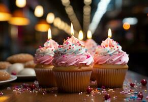 ai génératif anniversaire petits gâteaux avec brouiller Contexte coloré des ballons réaliste image, ultra HD, haute conception très photo