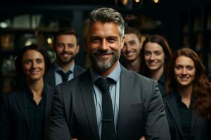 ai génératif groupe de content affaires homme et affaires femmes, habillé dans costume sont souriant, dans le Bureau photo