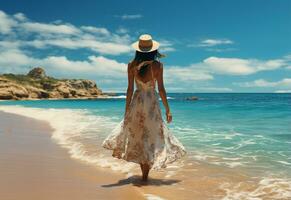 ai génératif Jeune touristique femme dans été robe et chapeau permanent sur magnifique sablonneux plage. mignonne fille profiter photo