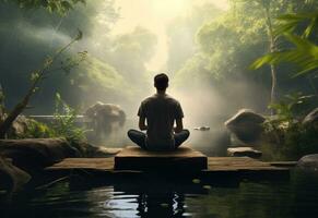 ai génératif photo de une homme pratiquant pleine conscience et méditation dans une paisible Naturel environnement Sony a7s réaliste image, ultra HD, haute conception très détaillé