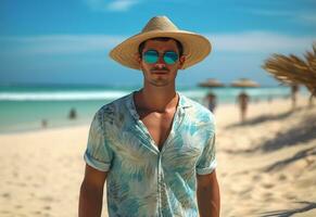 ai génératif retour vue Jeune touristique homme dans été robe et chapeau permanent sur magnifique sablonneux plage. profiter. photo