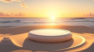 ai génératif, vide arrondi en bois podium produit afficher sur blanc le sable plage plus de le océan photo