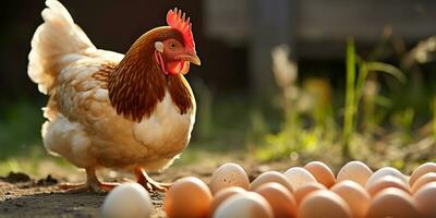 ai généré. ai génératif. biologique éco poulet coq et Oeuf à campagne ferme Contexte. graphique art photo