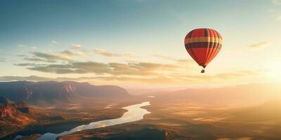 ai généré. ai génératif. chaud air ballon scénique vue à la nature Extérieur magnifique le sable Montagne rivière paysage. graphique art photo