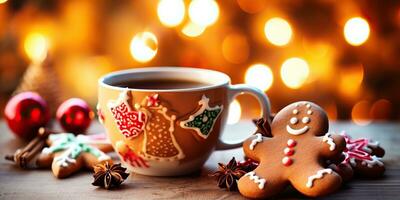 ai généré. ai génératif. joyeux Noël Noël Nouveau année pain d'épice sucré biscuits avec Chocolat cacao café sur en bois table maquette décoration. graphique art photo