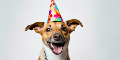 ai généré. ai génératif. mignonne marrant chien animal de compagnie dans anniversaire fête chapeau fête. graphique art photo