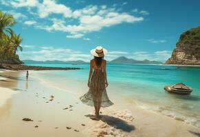 ai génératif Jeune touristique femme dans été robe et chapeau permanent sur magnifique sablonneux plage. mignonne fille profiter photo