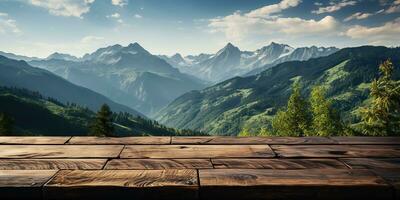 ai généré. ai génératif. en bois table la nature Extérieur forêt Montagne la nature paysage Contexte. graphique art photo