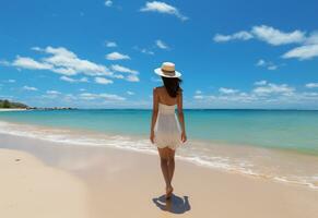 ai génératif Jeune touristique femme dans été robe et chapeau permanent sur magnifique sablonneux plage. mignonne fille profiter photo