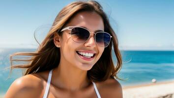 portrait de souriant Jeune femme dans des lunettes de soleil, mer et paume des arbres dans le Contexte. génératif ai photo