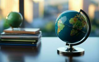 bureau avec une bleu miniature globe et une mince stylo ai généré photo