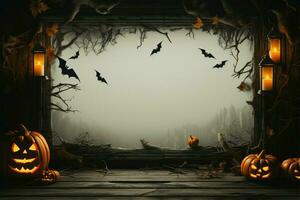 Cadre le effrayant esprit de Halloween nuit avec chauves-souris et lanternes ai généré photo