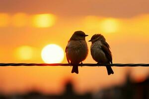 amoureux silhouette sur fil, flou le coucher du soleil une romantique aviaire embrasse ai généré photo