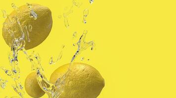 le citron et l'eau éclaboussure sur Jaune Contexte pour nourriture ou boisson concept 3d le rendu photo