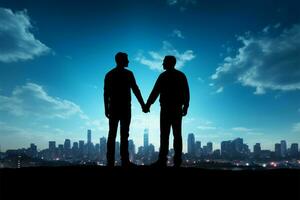 gay l'amour dans le villes silhouette, deux Hommes main dans main, en dessous de une bleu ciel ai généré photo