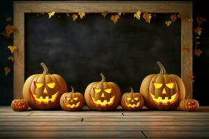 jack o lanternes sur en bois Contexte 3d le rendu pour Halloween ai généré photo