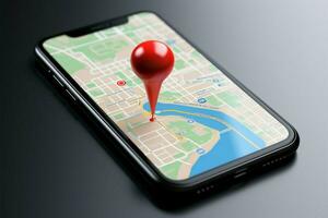 3d rendu téléphone intelligent écran modèle avec une audacieux rouge GPS épingle ai généré photo