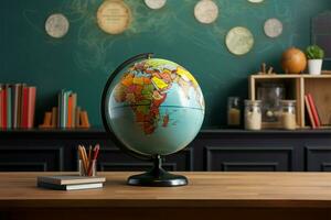 éducatif Contexte avec une globe toile de fond et école planche de face ai généré photo