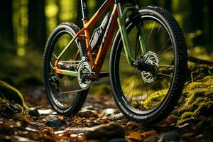 sélectif concentrer au bord du sentier Montagne bicyclette avec plat pneu, un inattendu pause dans exploration ai généré photo