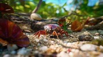 une proche en haut de une Crabe sur le sol, génératif ai photo