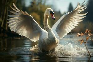 tranquillité incarné comme une cygne gracieusement glisse sur une Lac ai généré photo