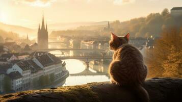 une chat séance sur Haut de une feuille couvert colline, génératif ai photo