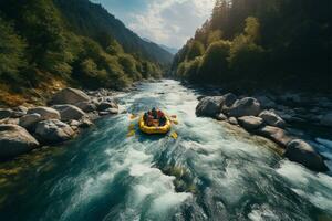 aérien scène aventuriers trouver vitalité dans rafting une Montagne ruisseau ai généré photo