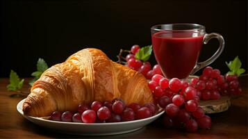 des croissants mis sur blanc assiette prêt à servir avec grain de raisin jus et rouge raisins, studio lumière, studio Contexte. ai genretif. photo