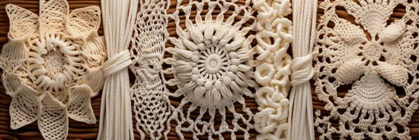 détaillé images en présentant Fait main macramé et crochet motifs sur doux textiles photo