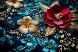 complexe broderie embellissements sur richement coloré soie textile arrière-plans photo