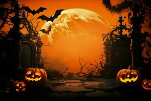 produit afficher podium avec sinistre 3d le rendu sur une Halloween à thème toile de fond ai généré photo