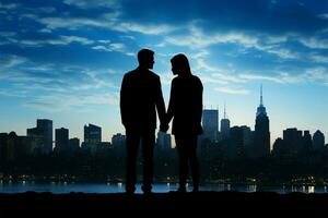 gay des couples silhouettes embrasse au milieu de paysage urbain, en dessous de serein bleu ciel ai généré photo