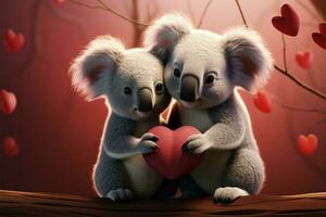 cœurs rempli 3d koala duo illustration incarne adorable l'amour lien ai généré photo