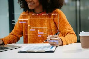 le chef de projet travaille et met à jour les tâches avec la planification de l'avancement des jalons et le diagramme de planification du diagramme de gantt. entreprise travaillant avec un téléphone intelligent, une tablette et un ordinateur portable au bureau. photo