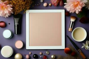 une tablette avec une blanc écran entouré par produits de beauté ai généré photo