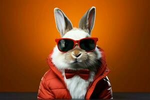 à la mode lapin porte élégant lunettes, encadré contre une serein toile de fond ai généré photo