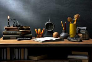 retour à école concept avec vieux Livres d'école, alarme l'horloge et Pomme contre une tableau noir Contexte. établi avec génératif ai technologie. photo