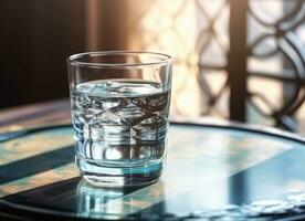 verre de pur l'eau sur cuisine tableau. établi avec génératif ai technologie. photo