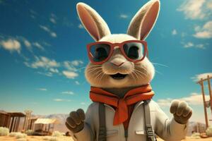 dessin animé lapins fraîcheur brille comme il porte des lunettes de soleil au milieu de désert ai généré photo