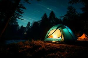 une lumineux bleu tente sous une étoilé forêt soir, avec une le coucher du soleil toile de fond ai généré photo