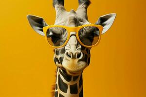 monochrome portrait, élégant girafe enfile Jaune des lunettes de soleil, exsudant à la mode flair ai généré photo